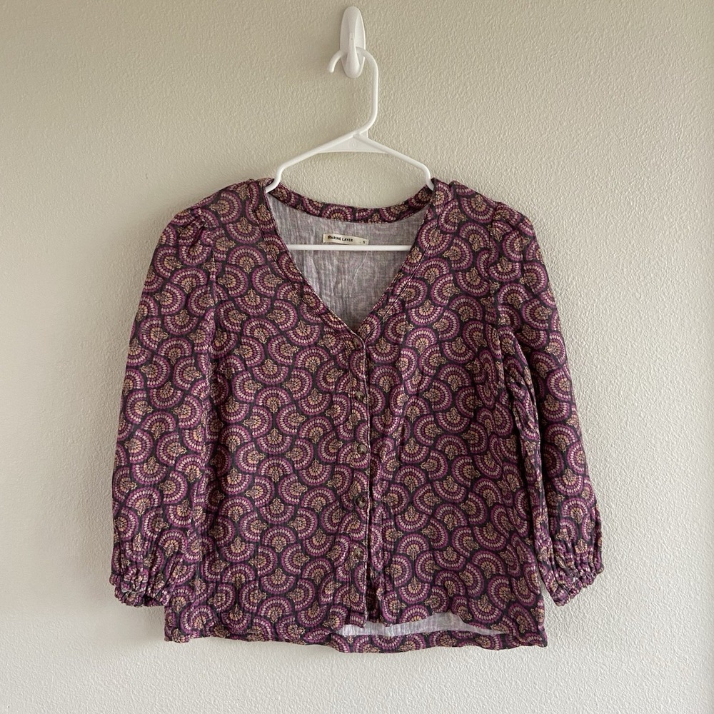 Marine Layer Women's Size Small Printed‎ Colette Doublecloth Top Fan Block Print